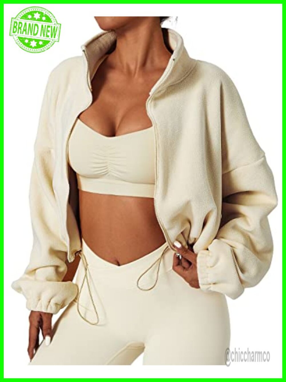 QINSEN Fleece Full Zip Cropped Jacket Stand Collar Sherpa Winter Coat